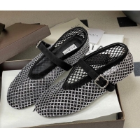 Pretty Style Alaia Ballet Flats in Fishnet and Suede with Strass Black/Silver AL020702 