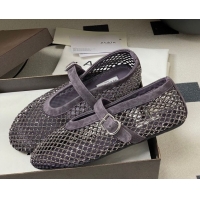 Top Grade Alaia Ballet Flats in Fishnet and Suede with Strass Purple AL020702