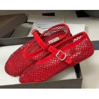 Best Grade Alaia Ballet Flats in Fishnet and Suede with Strass Red 2025 AL020702