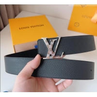 Top Quality Louis Vuitton Men's Damier LV Belt 4cm with LV Buckle in Palm-Grained Leather LV011002 Black/Silver 2025