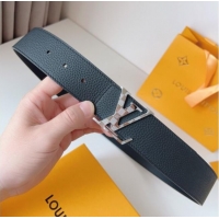 Top Quality Louis Vuitton Men's Damier LV Belt 4cm with LV Buckle in Palm-Grained Leather LV011002 Black/Silver 2025