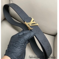 Well Crafted Louis Vuitton Men's Grained Leather Belt 4cm with Gold Monogram LV Buckle LV011006 Black 2025