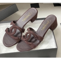 Buy Cheap Chanel Suede Heeled Mules Sandals G47250 Coffee Brown 2026