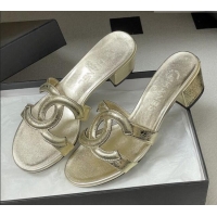 ​Top Grade Chanel Laminated Calfskin Heeled Mules Sandals G47250 Gold 2026