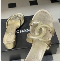 ​Top Grade Chanel Laminated Calfskin Heeled Mules Sandals G47250 Gold 2026
