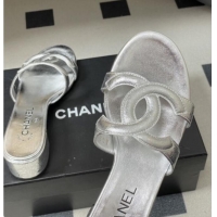 ​Top Quality Chanel Laminated Calfskin Heeled Mules Sandals G47250 Silver 2026