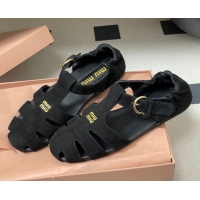 Luxurious Miu Miu Suede Fisherman Flat Sandals 5E395E Black 2026