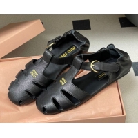 Luxury Cheap Miu Miu Nappa Leather Fisherman Flat Sandals 5E395E Black 2026