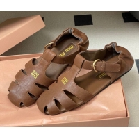 Luxury Miu Miu Nappa Leather Fisherman Flat Sandals 5E395E Dark Brown 2026