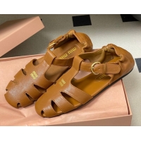 Sophisticated Miu Miu Nappa Leather Fisherman Flat Sandals 5E395E Light Brown 2026