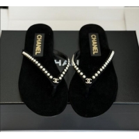 Buy New Cheap Chanel Velvet Thongs with Pearls CH32806 Black 2026