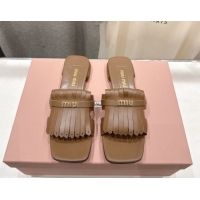Best Price Miu Miu Fringe Leather Flat Slides Sandal MM022703 Brown 2026