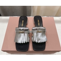 Purchase Miu Miu Fringe Leather Flat Slides Sandal MM022703 Silver 2026