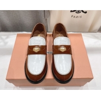 1:1 aaaaa Miu Miu Leather Penny Loafers 5D773D Brown/White 2026