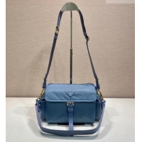 Luxury Discount Prada Explore medium Re-Nylon shoulder bag with flap 1BD394 Blue 2026
