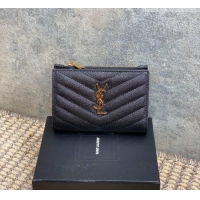 Inexpensive Saint Laurent Grained Leather Short Wallet 575974 Black/Gold 2026