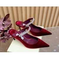 Top Grade Jimmy Choo Bing Heel Mules 6.5cm with Strass Strap in Velvet 0724001 Burgundy 2026