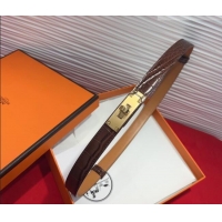 ​Cheapest Hermes Kelly Duo Belt 1.8cm in Crocodile Embossed Calfskin with Metal-Tone Buckle H2011025 Dark Brown/Gold 202