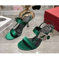 Top Grade Roger Vivier Strass Flower Heel Sandals 7.5cm in Satin 0225034 Green 2026