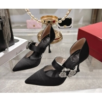 Luxurious Roger Vivier Bouquet Strass Flower Pumps 8.5cm in Satin 0225034 Black 2026
