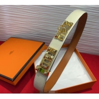 Buy Discount Hermes Collier de Chien Belt 3.2cm with Medor Studs and Ring Buckle in Grained Calfskin H2018025 White/Gold