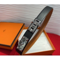 Best Quality Hermes Collier de Chien Belt 3.2cm with Medor Studs and Ring Buckle in Grained Calfskin H2018025 Black/Silv
