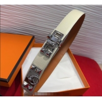 Best Quality Hermes Collier de Chien Belt 3.2cm with Medor Studs and Ring Buckle in Grained Calfskin H2018025 White/Silv