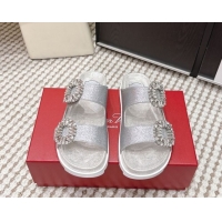 Pretty Style Roger Vivier Slidy Viv' Strass Buckle Flat Slides Sandal in Glitter 0225048 Silver 2026
