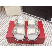 Grade Quality Roger Vivier Slidy Viv' Strass Buckle Flat Slides Sandal in Leather White 0225048 2026