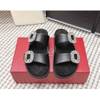 Top Design Roger Vivier Slidy Viv' Strass Buckle Flat Slides Sandal in Leather Black 0225051 2026