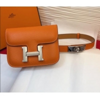Top Quality Hermes Kelly Buckle Slim Pouch Belt in Grained Calfskin with Silver Hardware 0104 Orange 2026