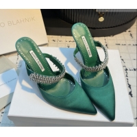 Classic Hot Manolo Blahnik Lutara 90 Satin Mules Strass Embellished Green 5112501