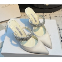 Hot Style Manolo Blahnik Lutara 90 Satin Mules Strass Embellished White 112502