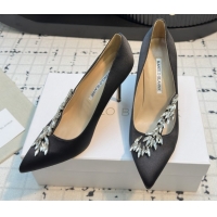 Luxurious Manolo Blahnik Satin Pumps with Wheat Ear Rhinestone 9cm Heel 5112507 Grey 2026