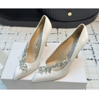 Luxury Manolo Blahnik Satin Pumps with Wheat Ear Rhinestone 9cm Heel White 5112511 2026