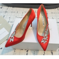 Stylish Manolo Blahnik Satin Pumps with Wheat Ear Rhinestone 9cm Heel 5112511 Red 2026