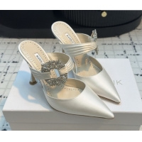 Hot Style Manolo Blahnik Crystals Embellished Mules in Satin 9cm Heel 5112514 White 2026