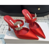 Popular Style Manolo Blahnik Crystals Embellished Mules in Satin 9cm Heel 5112514 Red 2026