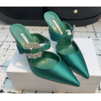 Grade Manolo Blahnik Crystals Embellished Mules in Satin 9cm Heel 5112517 Green 2026