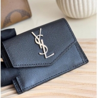 Grade Design Saint Laurent Uptown Flap Card Case in Grained Leather 582305 Black/Silver 2026