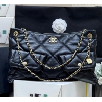 Famous Brand Chanel Shiny Lambskin Shopping Bag with Pockets Black 2025 AS5740 Top Quality