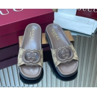 Top Design Gucci GG Canvas Interlocking G Flat Slides Sandal GG030502 Beige 2026