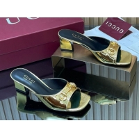 Luxury Gucci calfskin leather heel slides sandal 5.5cm with horsebit gold 2026 gg030504