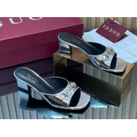 Top Grade Gucci calfskin leather heel slides sandal 5.5cm with horsebit silver 2026 gg030504