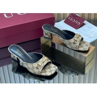 Buy Luxury Gucci canvas heel slides sandal 5.5cm with horsebit beige 2026 gg030504