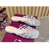 Durable Gucci calfskin leather flat slides sandal with strass interlocking g silver 2026 8523570