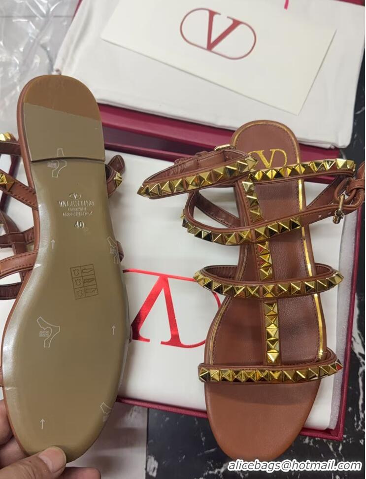 Most Popular Valentino Rockstud No Limit Flat Sandals in Nappa Brown 0824060