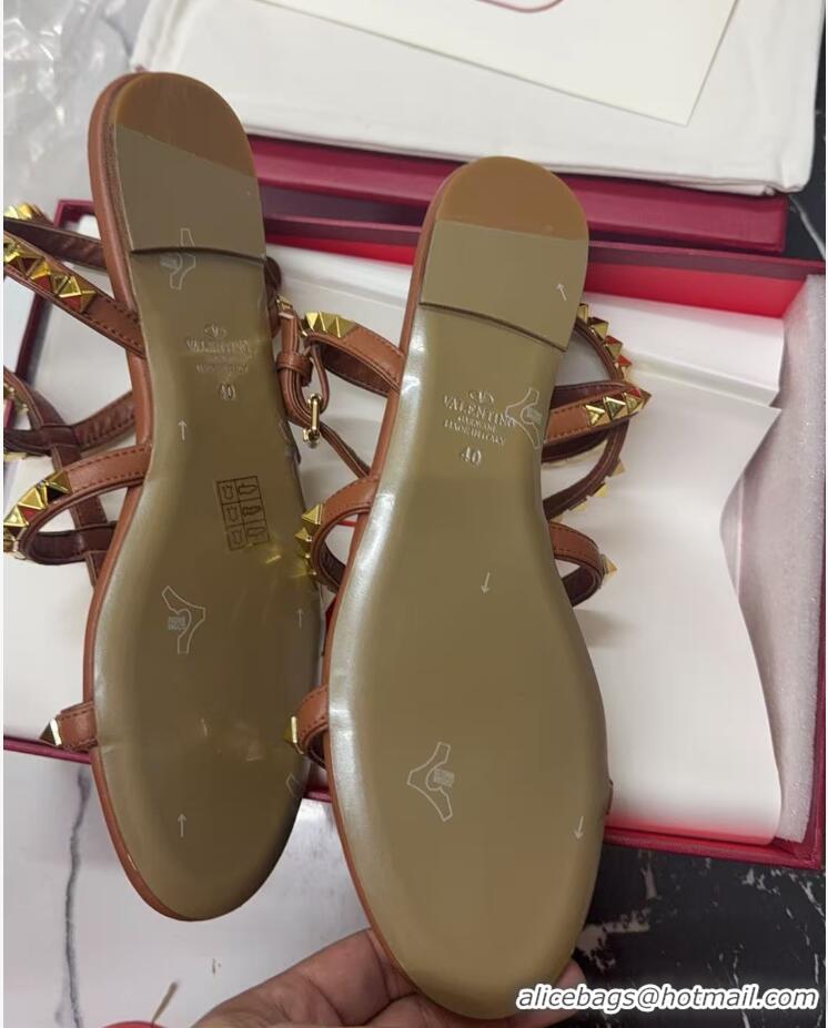 Most Popular Valentino Rockstud No Limit Flat Sandals in Nappa Brown 0824060