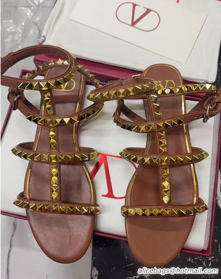 Most Popular Valentino Rockstud No Limit Flat Sandals in Nappa Brown 0824060