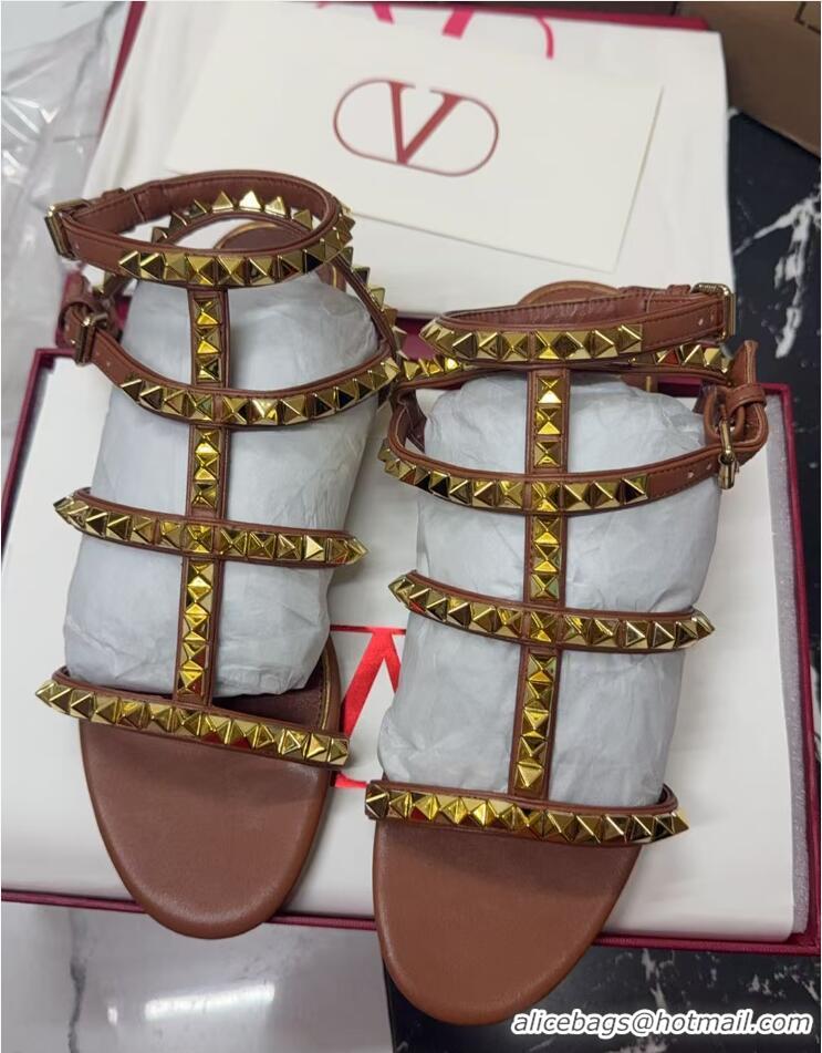 Most Popular Valentino Rockstud No Limit Flat Sandals in Nappa Brown 0824060